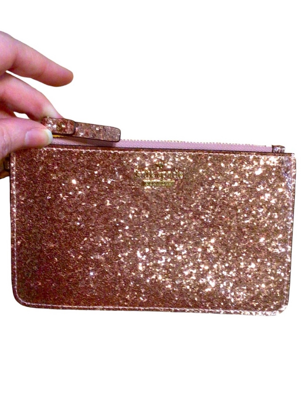 kate spade glitter bug Rose Gold coated Glitter wristlet with STORYBOOK lining